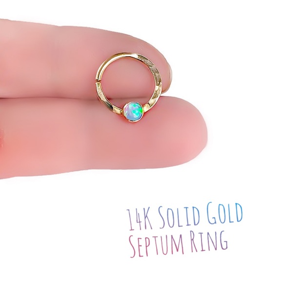Moodtherapy Jewelry - 14k gold blue fire opal septum ring hoop